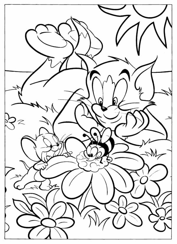 Tom i Jerry podziwiają pszczołę kolorowanka do druku